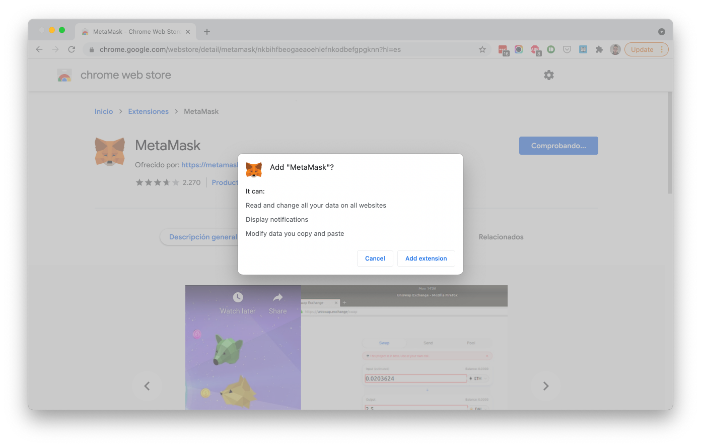 Chrome Web Store - MetaMask permissions