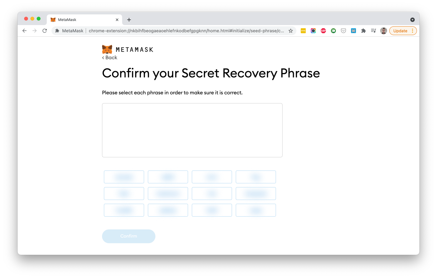 MetaMask - Confirm Secret Recovery Phrase
